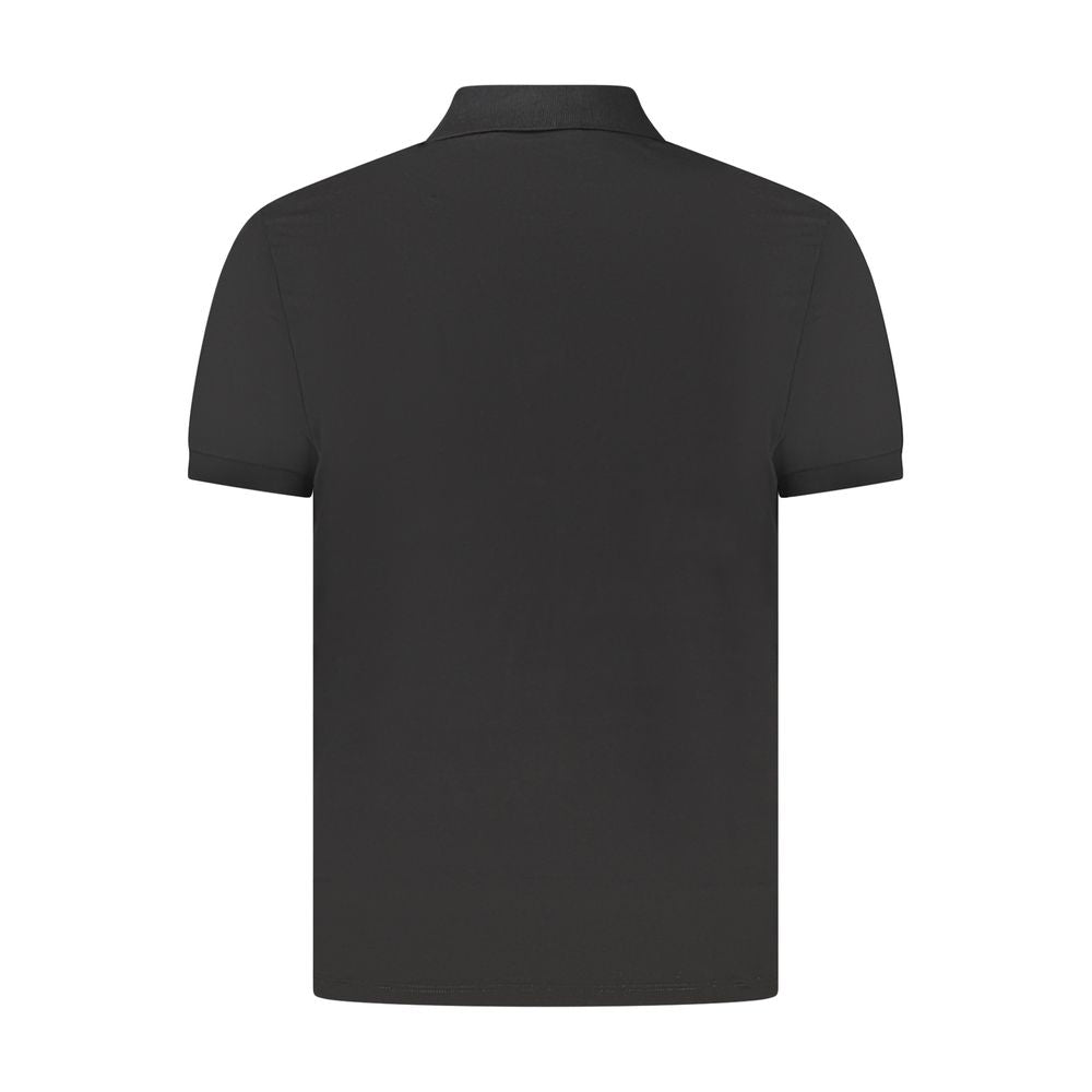 Back view of Calvin Klein black cotton men's polo shirt, showcasing sleek design with short sleeves and classic collar.