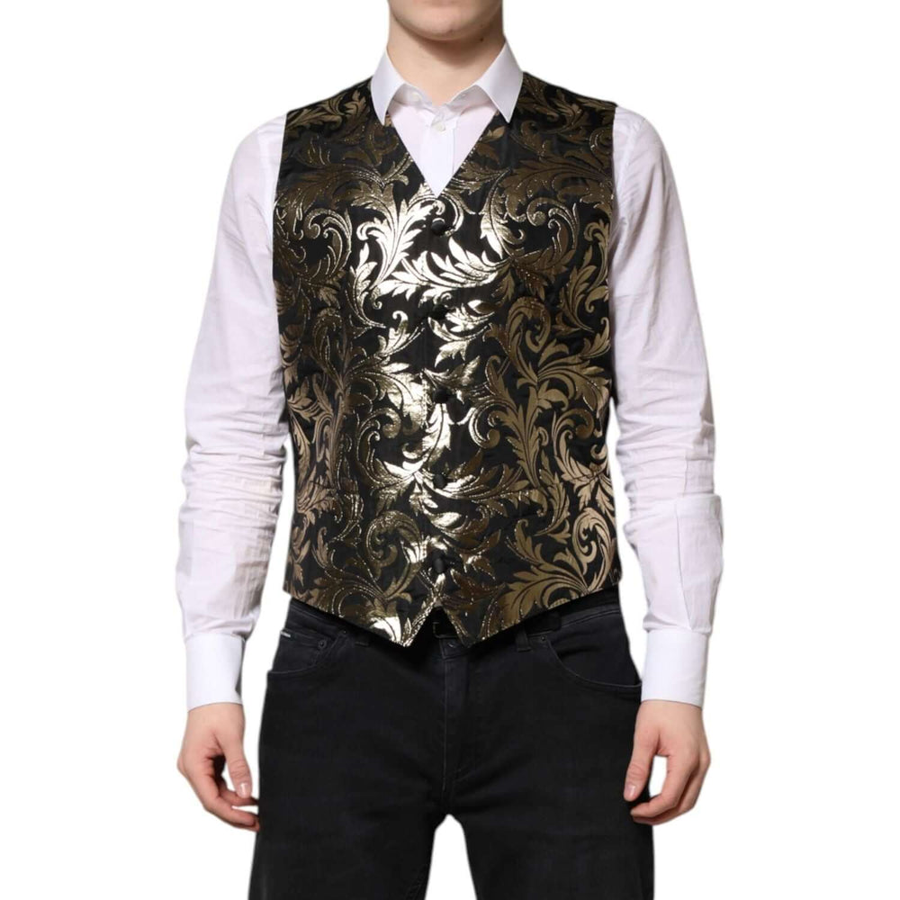 Dolce & Gabbana Black Gold Jacquard Formal Men Waistcoat Vest TSH90463-50