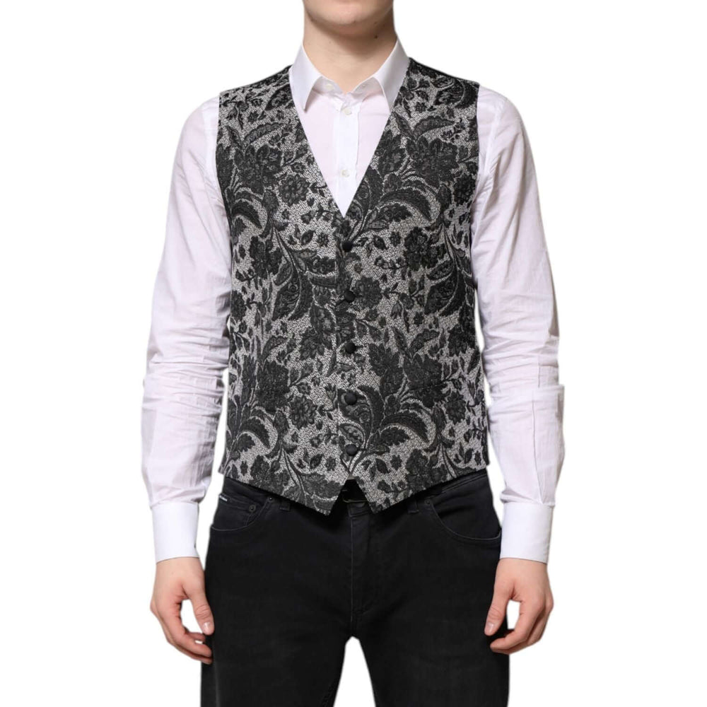 Dolce & Gabbana Black Gray Brocade Formal Men Waistcoat Vest TSH90466-48