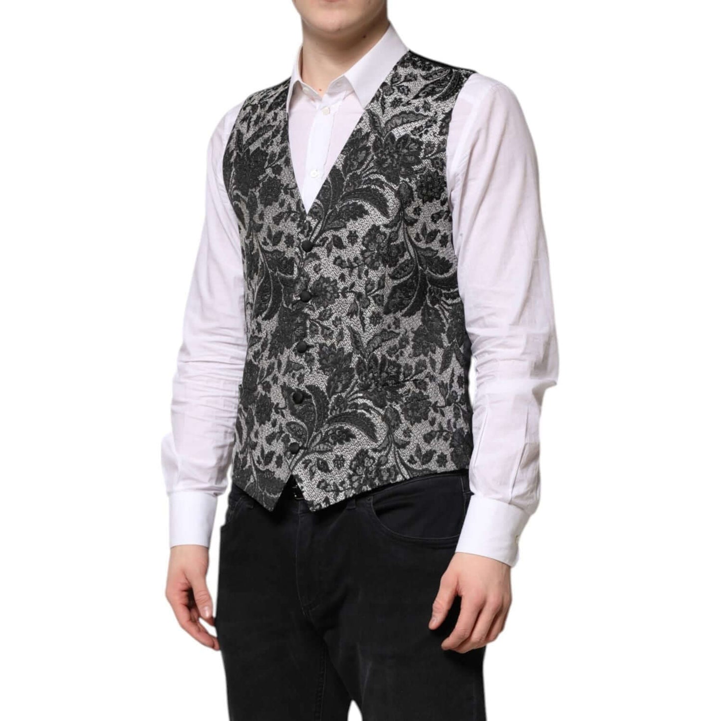 Dolce & Gabbana Black Gray Brocade Formal Men Waistcoat Vest TSH90466-48