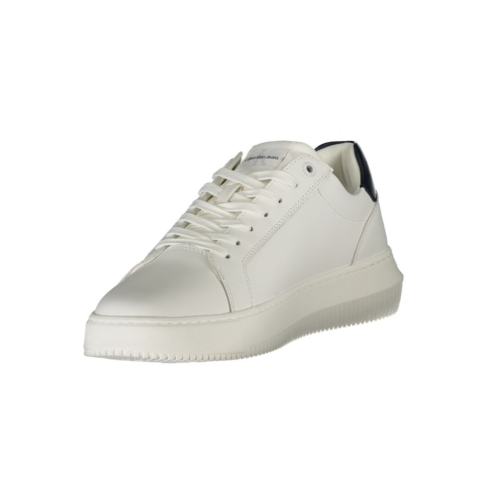 Calvin Klein White Leather Men Sneaker with black details and iconic logo, featuring a removable insole for comfort and urban chic style.