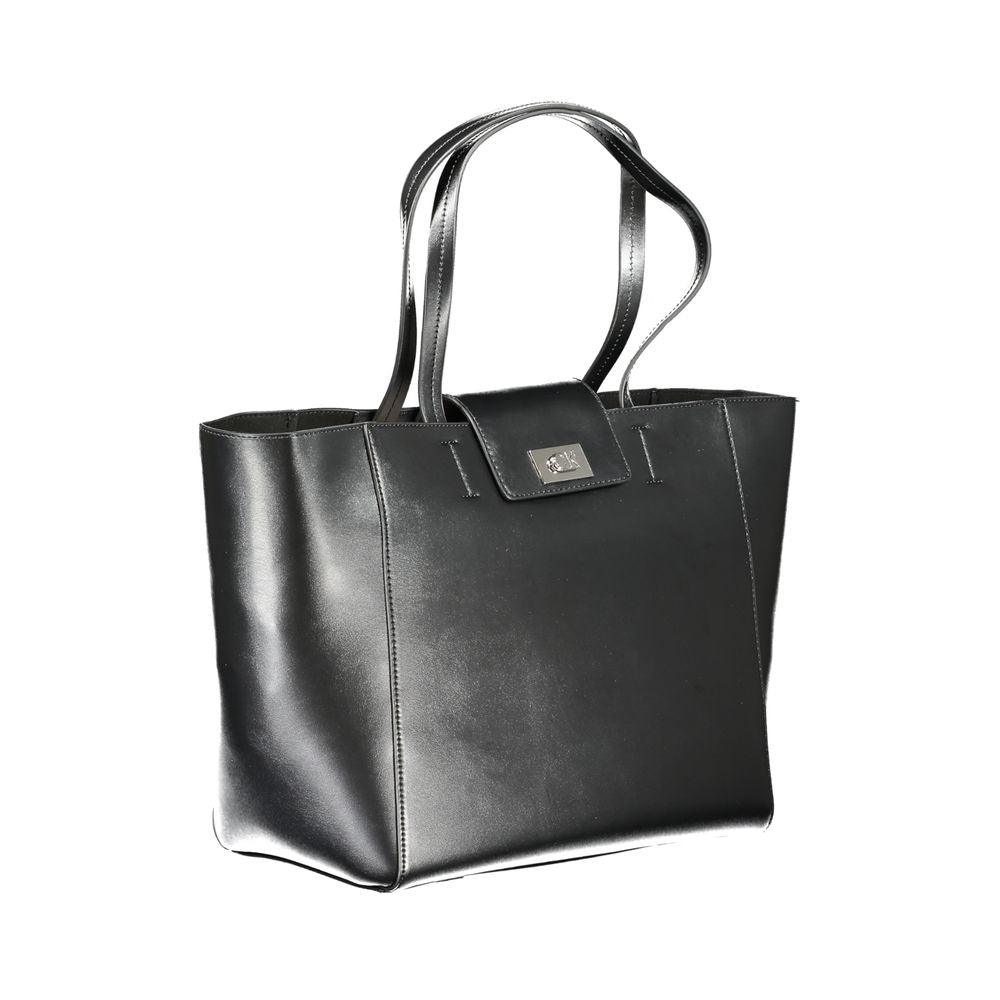 Calvin Klein Black Polyester Handbag with dual shoulder handles, internal pocket, snap closure, and logo, made from recycled polyester.