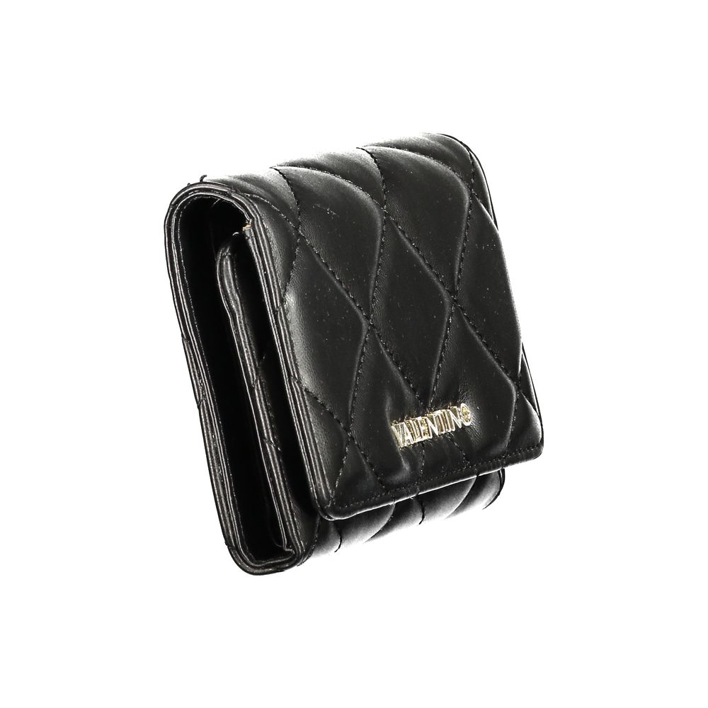 Mario Valentino Black Polyethylene Wallet with quilted design and logo, featuring three compartments, coin purse, and double card spaces.