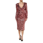 Dolce & Gabbana Pink Sequin Statement Nylon Midi V-Neck Dress