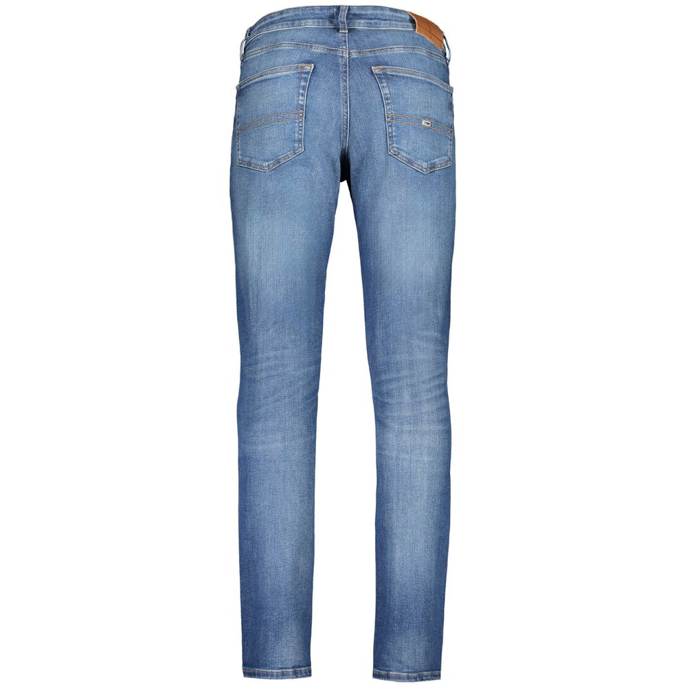 Back view of Tommy Hilfiger Blue Cotton Men Jeans with a slim fit and washed effect, showcasing a five-pocket design.