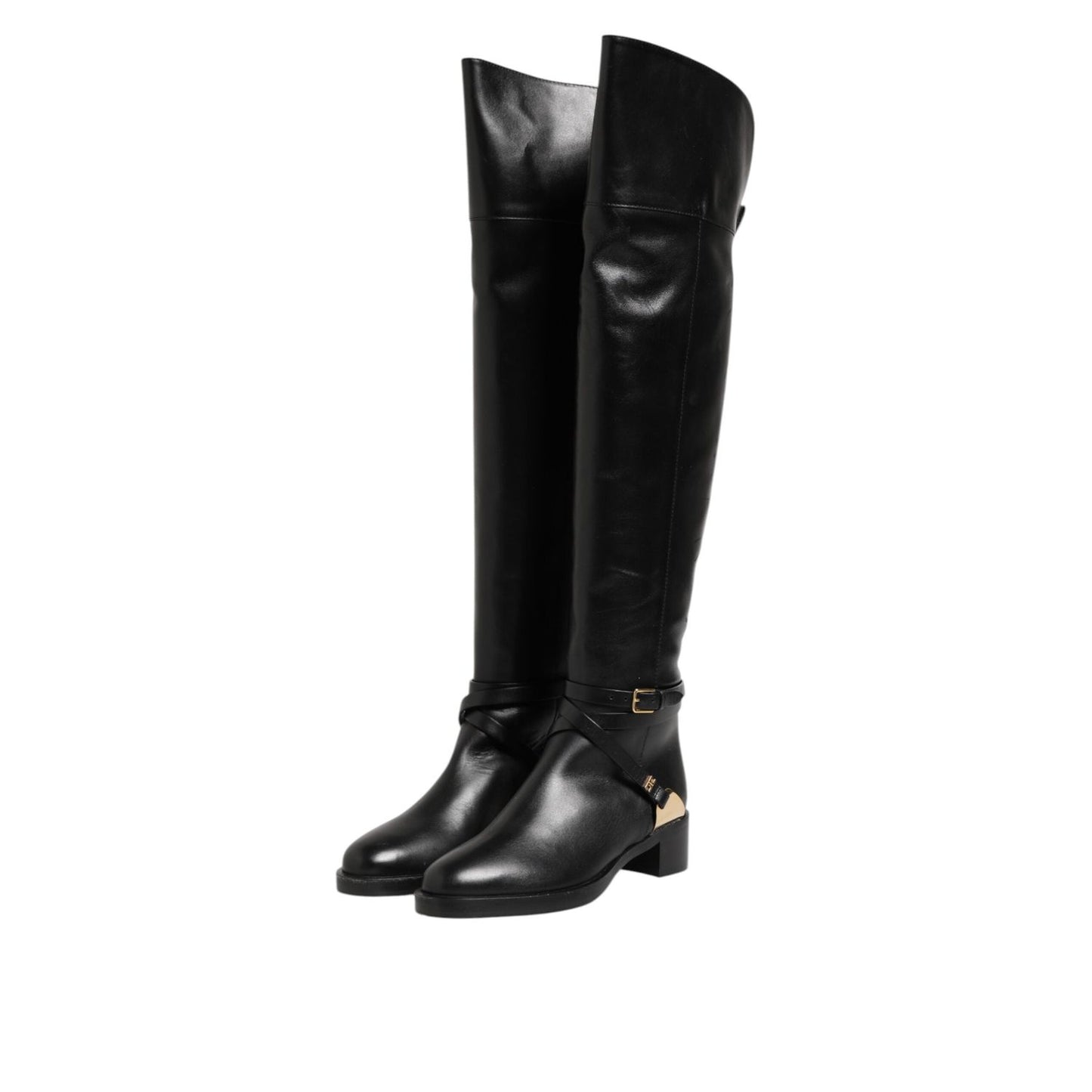 Elisabetta Franchi Black Leather Buckled High Boots Shoes LA12610-36