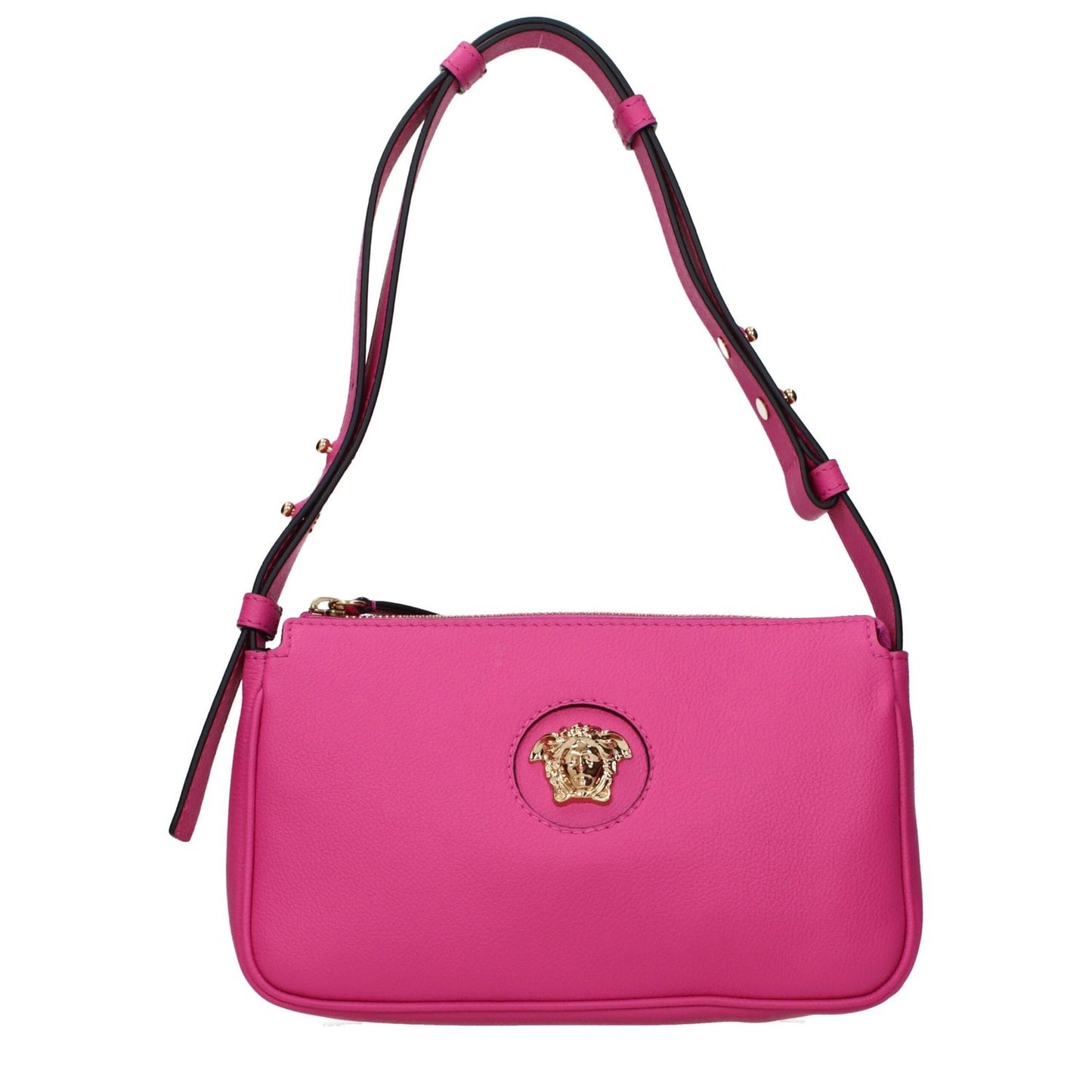 Versace Pink Leather Shoulder Bag with logo and adjustable handle in fuchsia