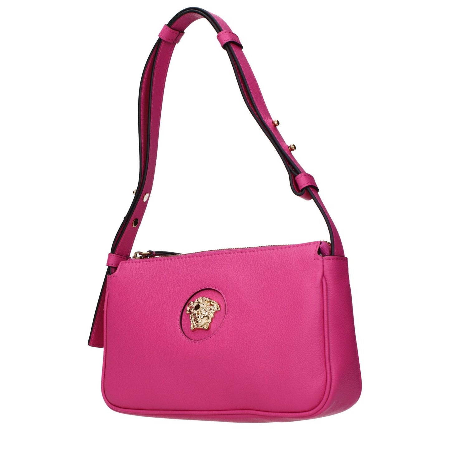 Versace Pink Leather Shoulder Bag with adjustable handle and front detail in fuchsia, featuring back logo and stylish design.
