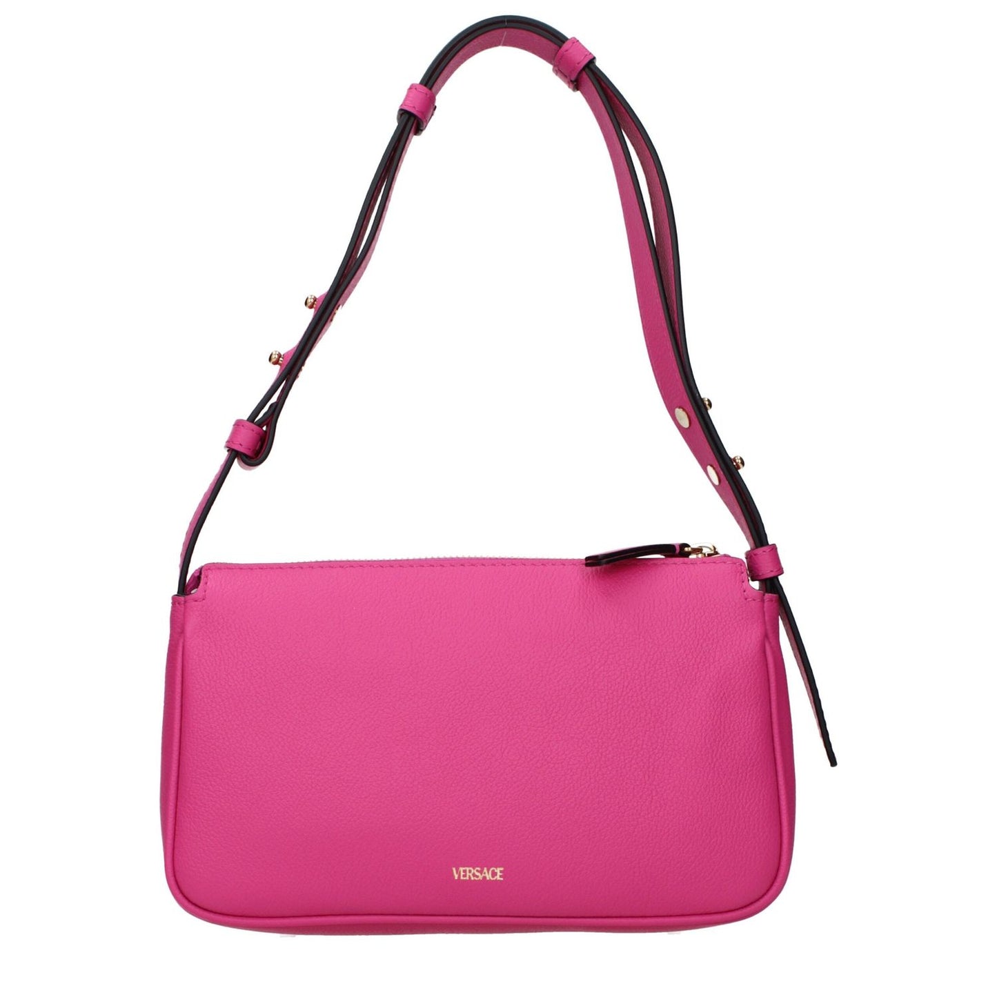 Versace Pink Leather Shoulder Bag with adjustable handle, front detail, and back logo.