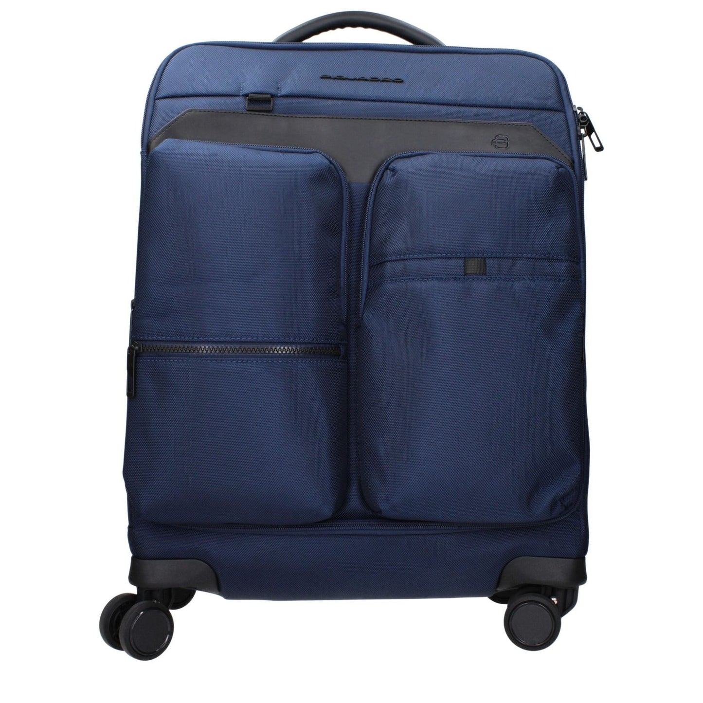 Piquadro Blue Fabric Luggage And Travel trolley with front logo, removable details, adjustable handle, and TSA closure.