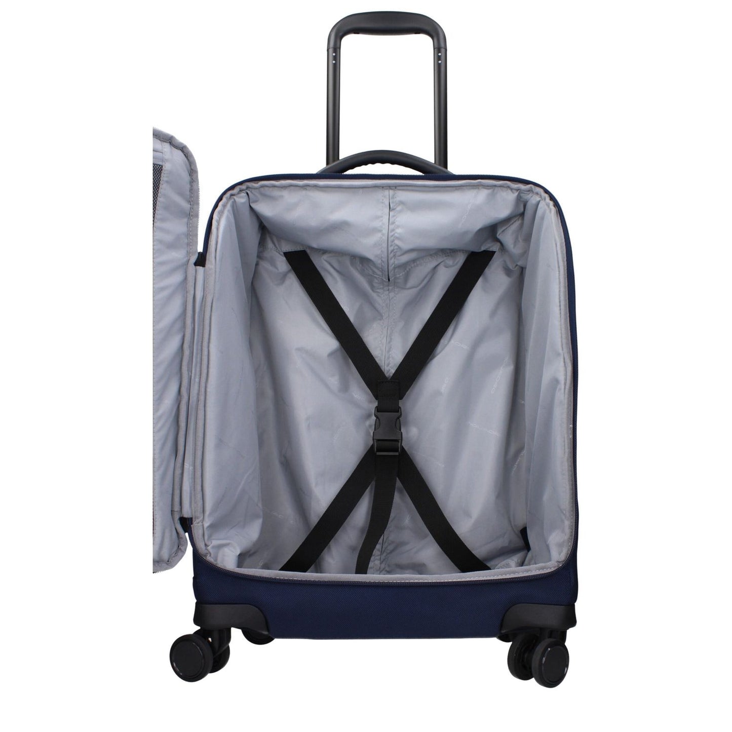 Interior view of Piquadro Blue Fabric Luggage And Travel trolley with adjustable handle and TSA closure, model MPN BV4343X19BLU.