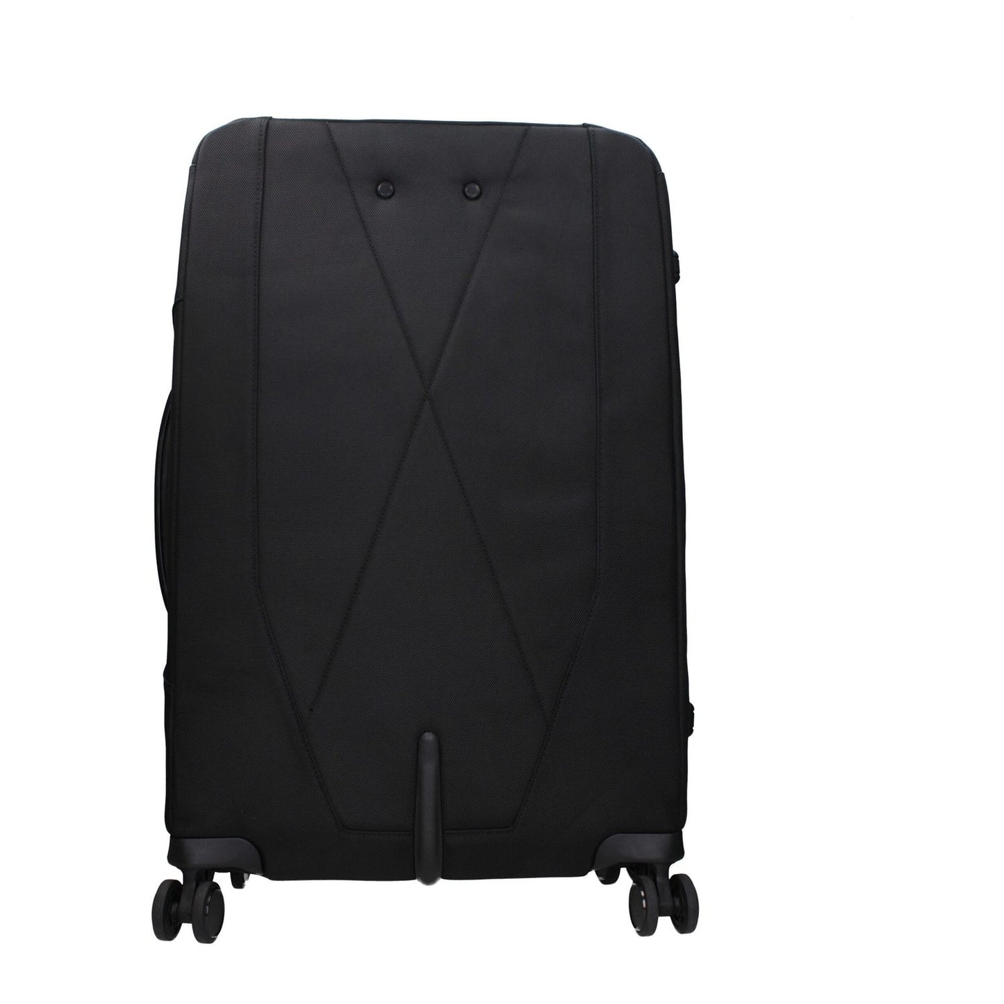 Piquadro Black Fabric Luggage And Travel trolley with adjustable handle and removable details, front view showcasing sleek design.