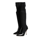 Dolce & Gabbana Black Leather Ribbed Knit Knee Boots Shoes LA11448-40