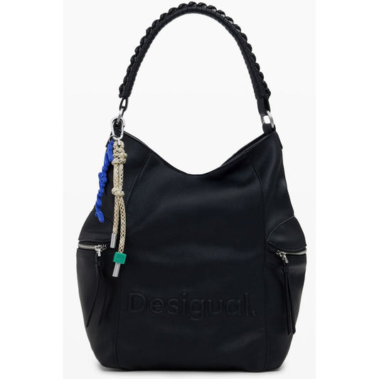 Desigual Black Polyethylene Women Backpack with unique one-shoulder handle and Africa logo, featuring a secure zippered main compartment.