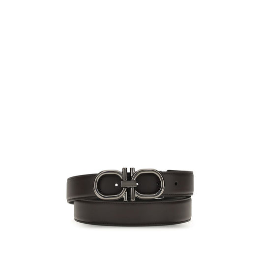 Ferragamo Brown Calf Leather Bos Taurus Regular Belt with Gancini buckle, reversible design, and adjustable fit, ideal for versatile elegance.