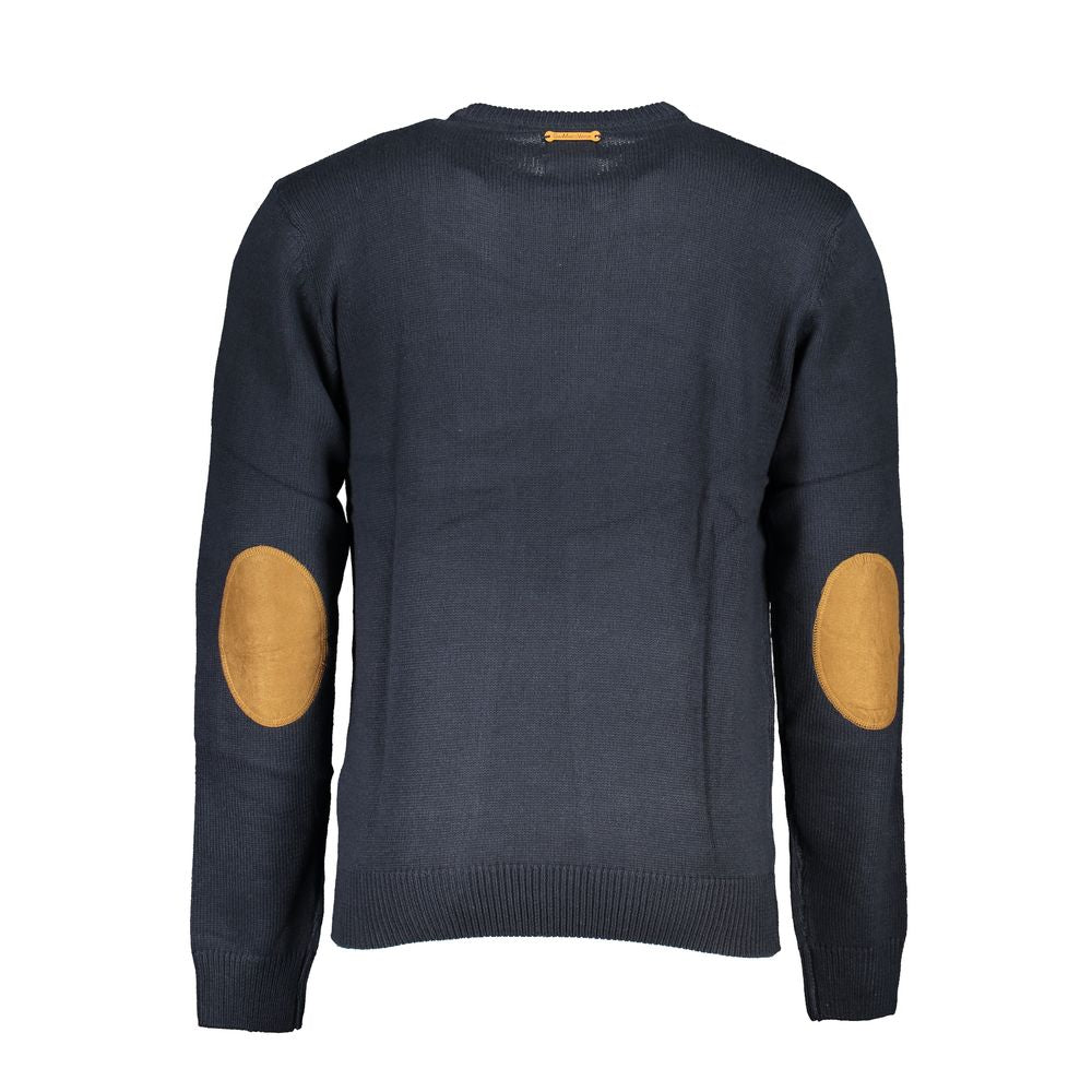 Back view of Gianmarco Venturi Blue Cotton Sweater with long sleeves, crew neck, and logo embroidery.