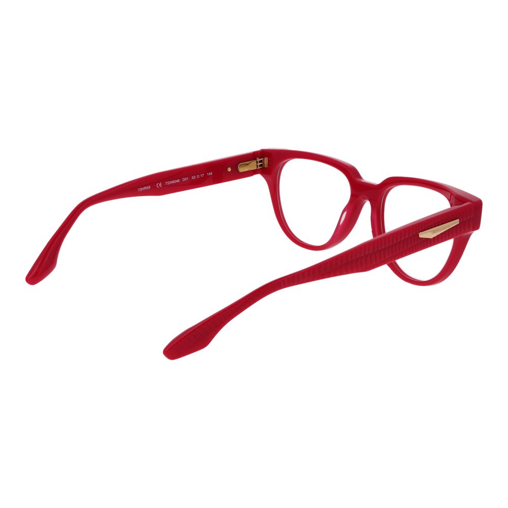 Trussardi Red Acetate Glasses (Frames) for women with full-rim design, featuring red acetate material and spring hinges.