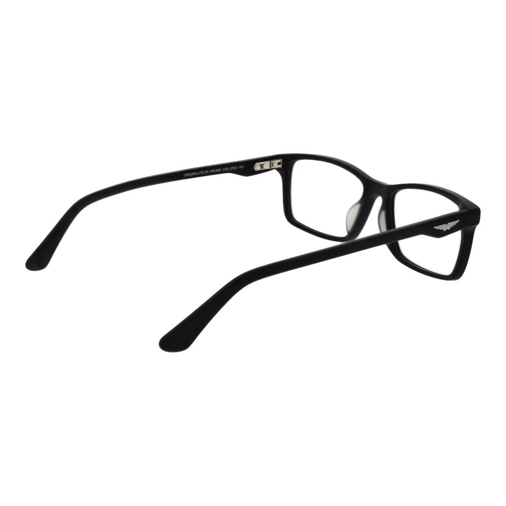 Police Black Cellulose Acetate Glasses (Frames) for men with full-rim black rectangle design, 54-16-145 size, and spring hinge.