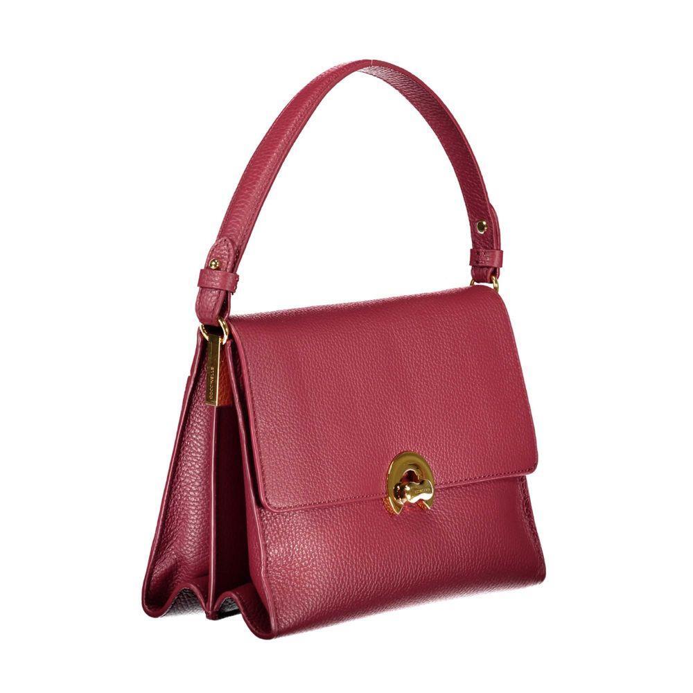 Coccinelle Red Leather Handbag with shoulder handle, internal pockets, document holder, zip closure, and logo detailing.