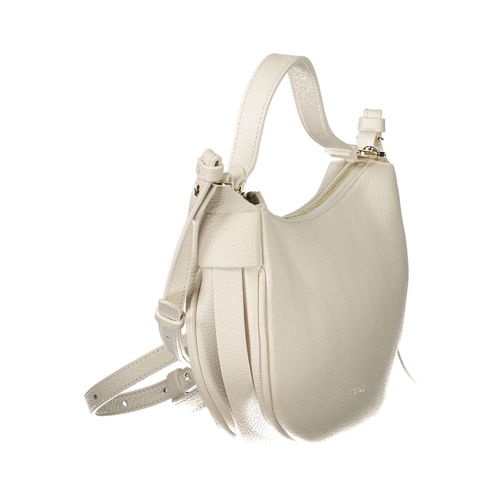 Coccinelle White Leather Handbag with adjustable strap, 3 internal pockets, zip and magnet closure, showcasing stylish design.