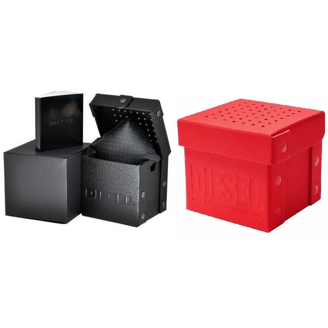 DIESEL Mod. TIMEFRAME wristwatch official packaging, featuring black and red boxes, suitable for a stylish and protective package.