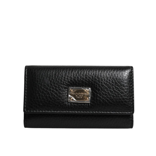 Dolce & Gabbana Black Leather Gold Metal Logo Plaque Trifold Keyring