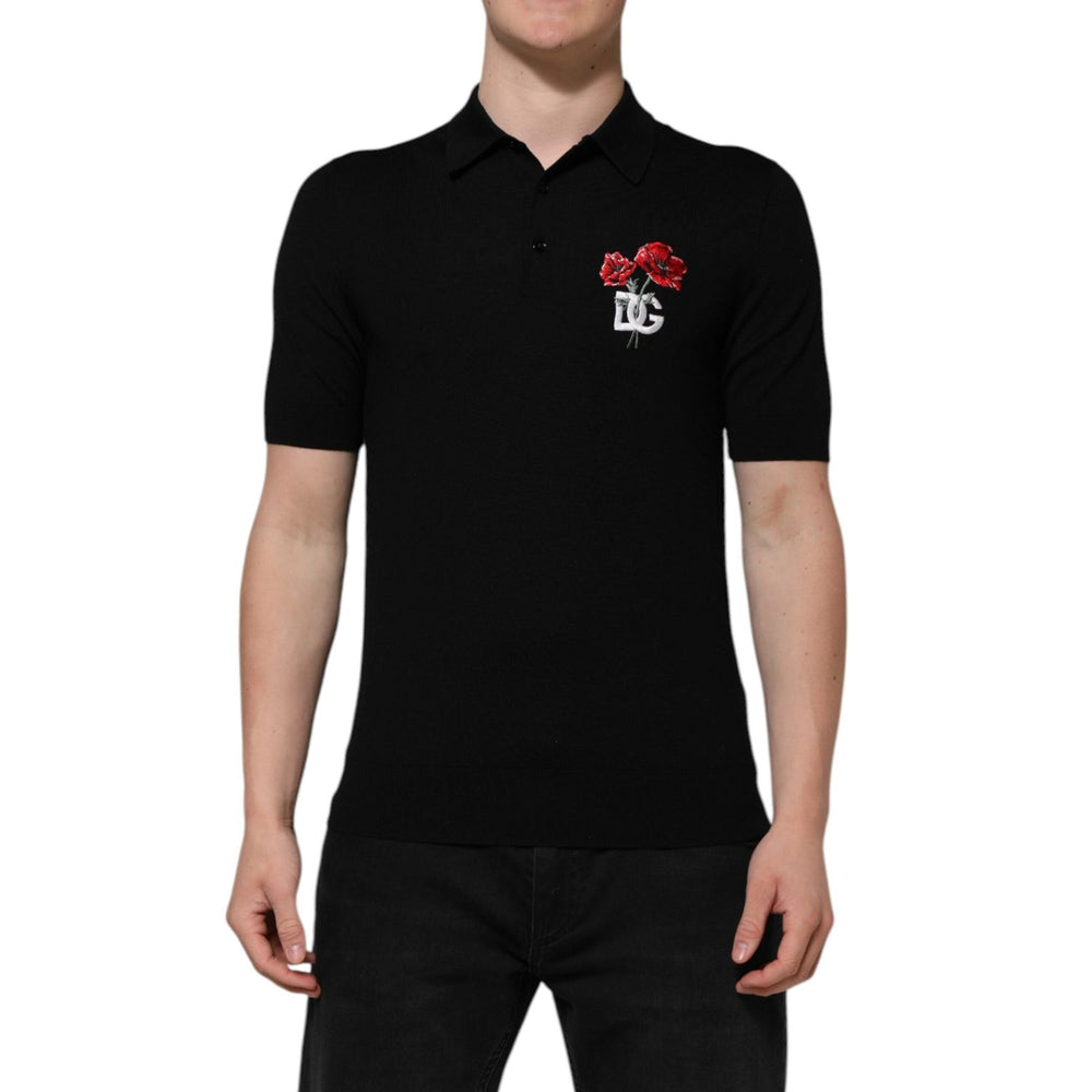 Dolce & Gabbana Black Wool DG Logo Rose Collared Polo T-shirt THS90352-48