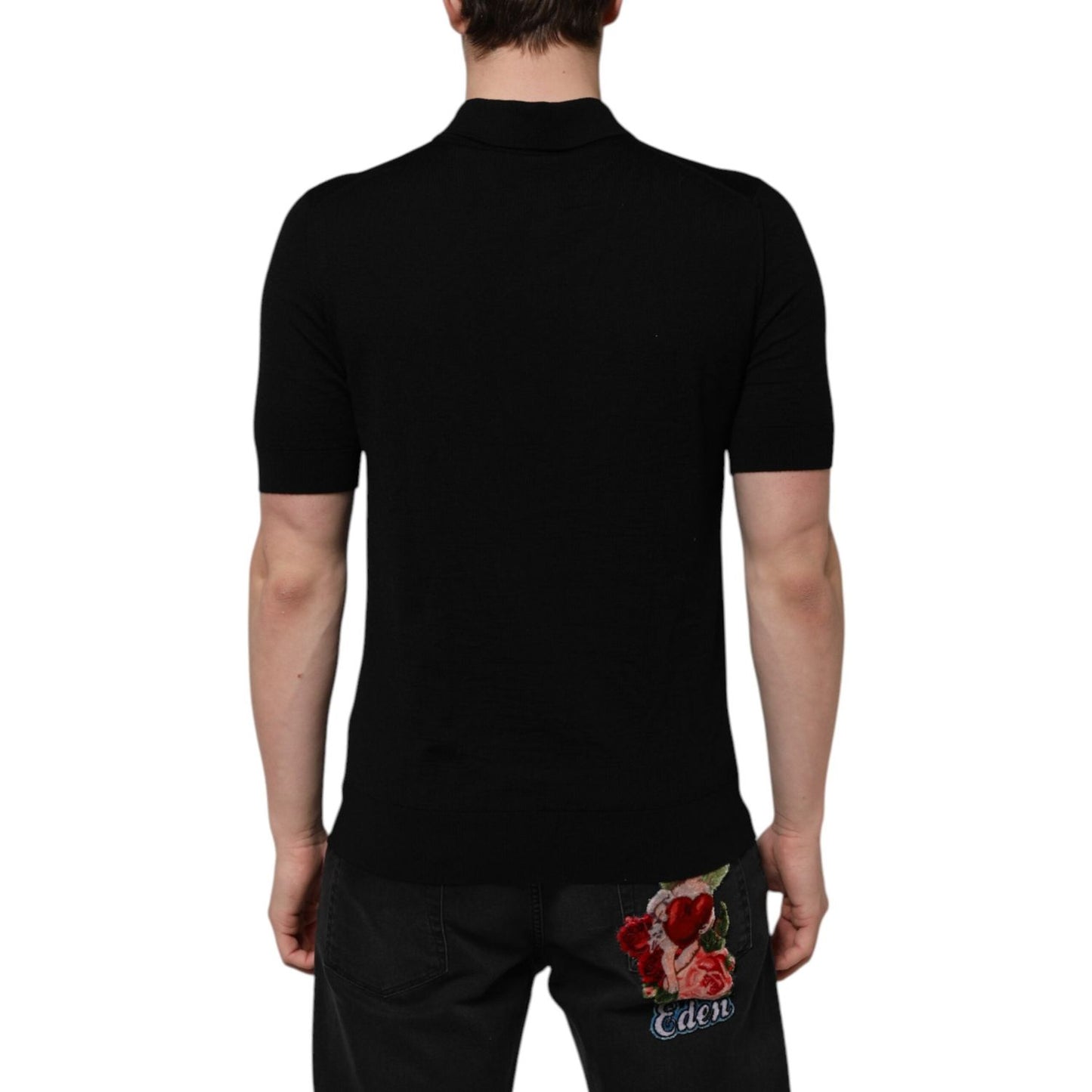 Dolce & Gabbana Black Wool DG Logo Rose Collared Polo T-shirt THS90352-48