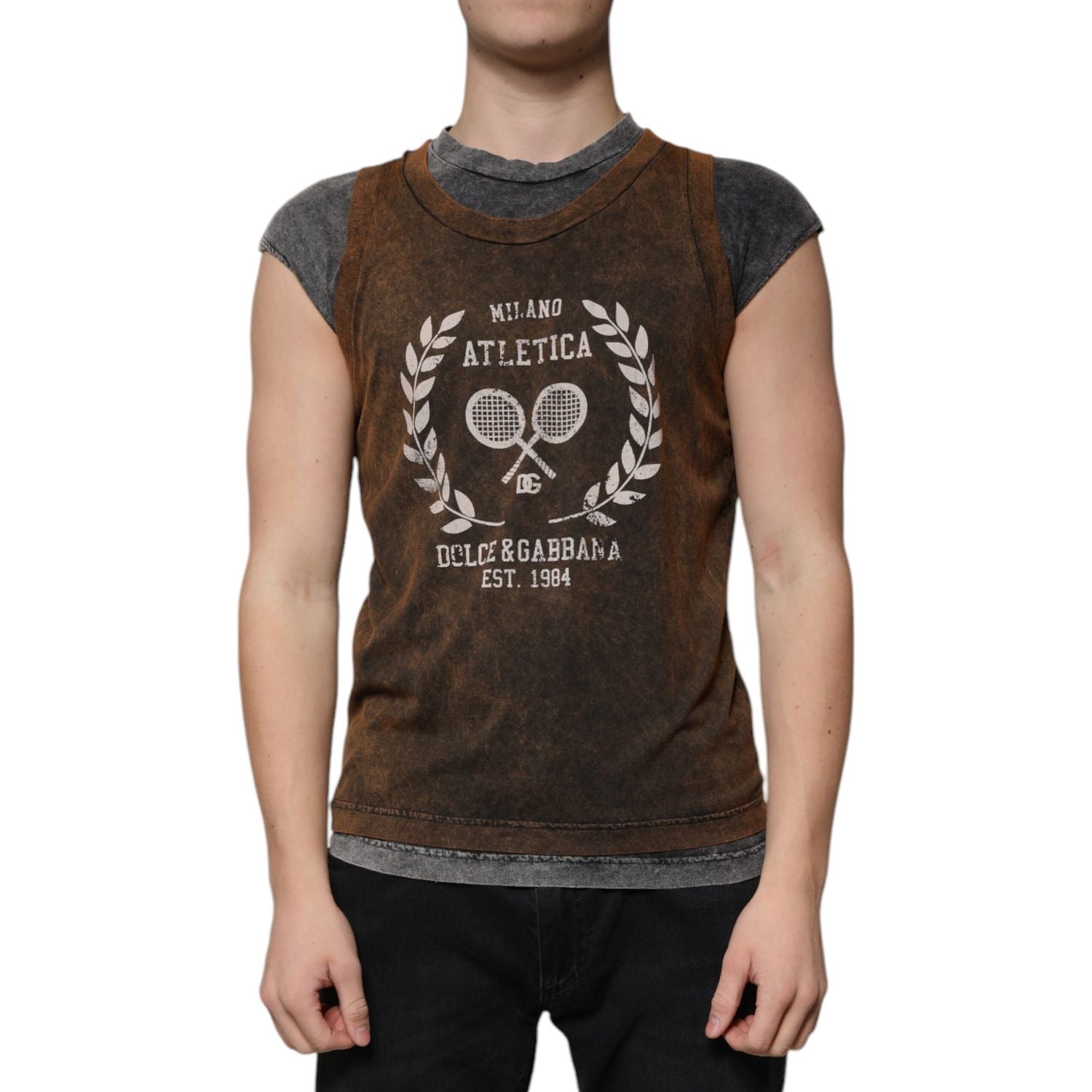 Dolce & Gabbana Brown Cotton Crew Neck Sleeveless T-shirt