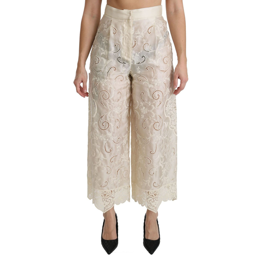 Dolce & Gabbana Cream Lace High Waist Palazzo Cropped Pants PAN70873-44