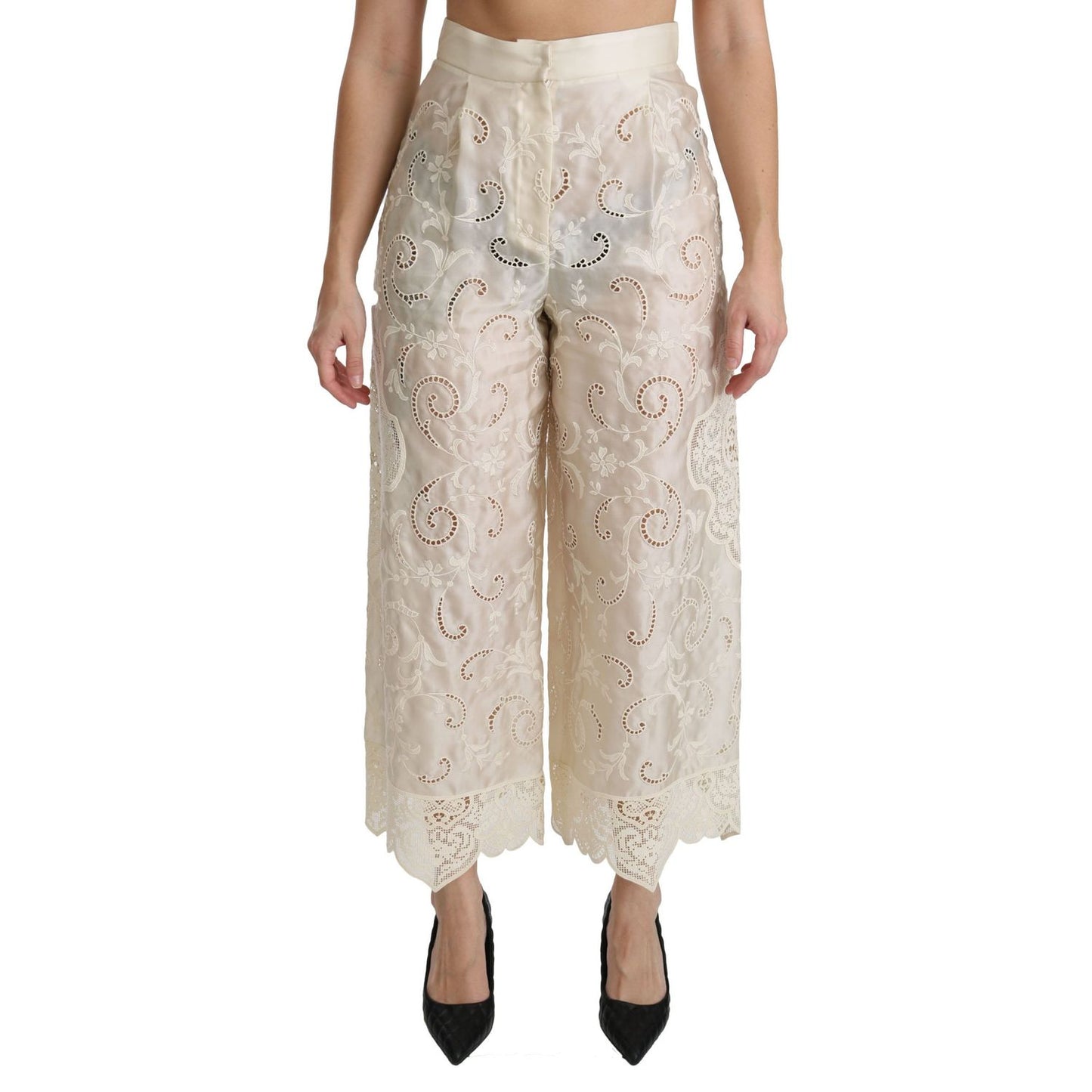 Dolce & Gabbana Cream Lace High Waist Palazzo Cropped Pants PAN70873-44