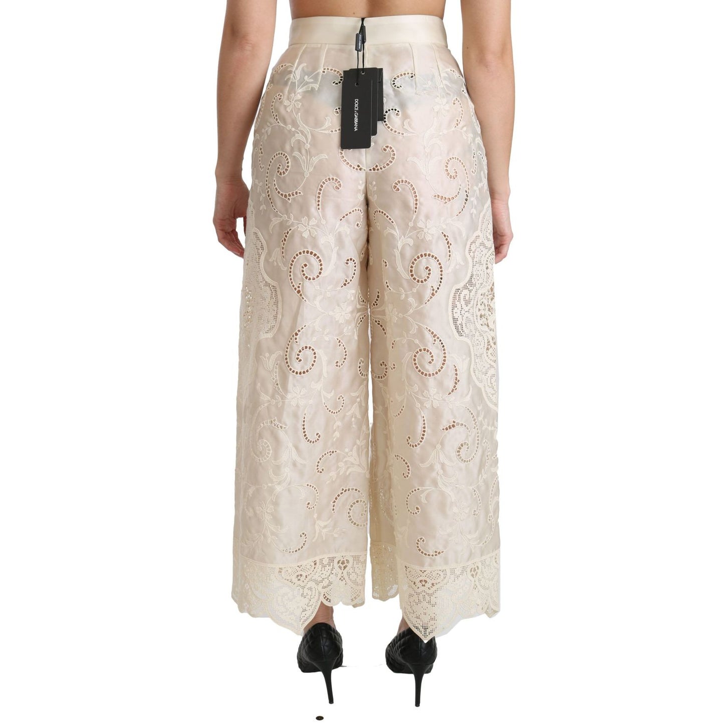 Dolce & Gabbana Cream Lace High Waist Palazzo Cropped Pants PAN70873-44