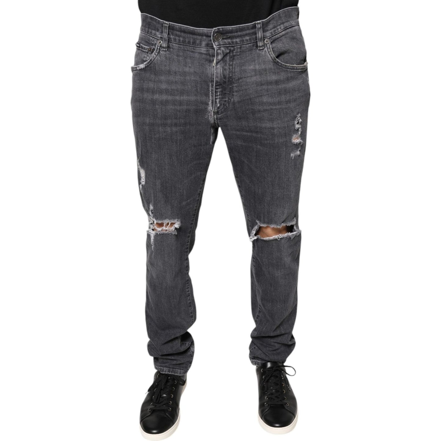 Dolce & Gabbana Dark Gray Tattered Cotton Skinny Denim Jeans PAN75585-50