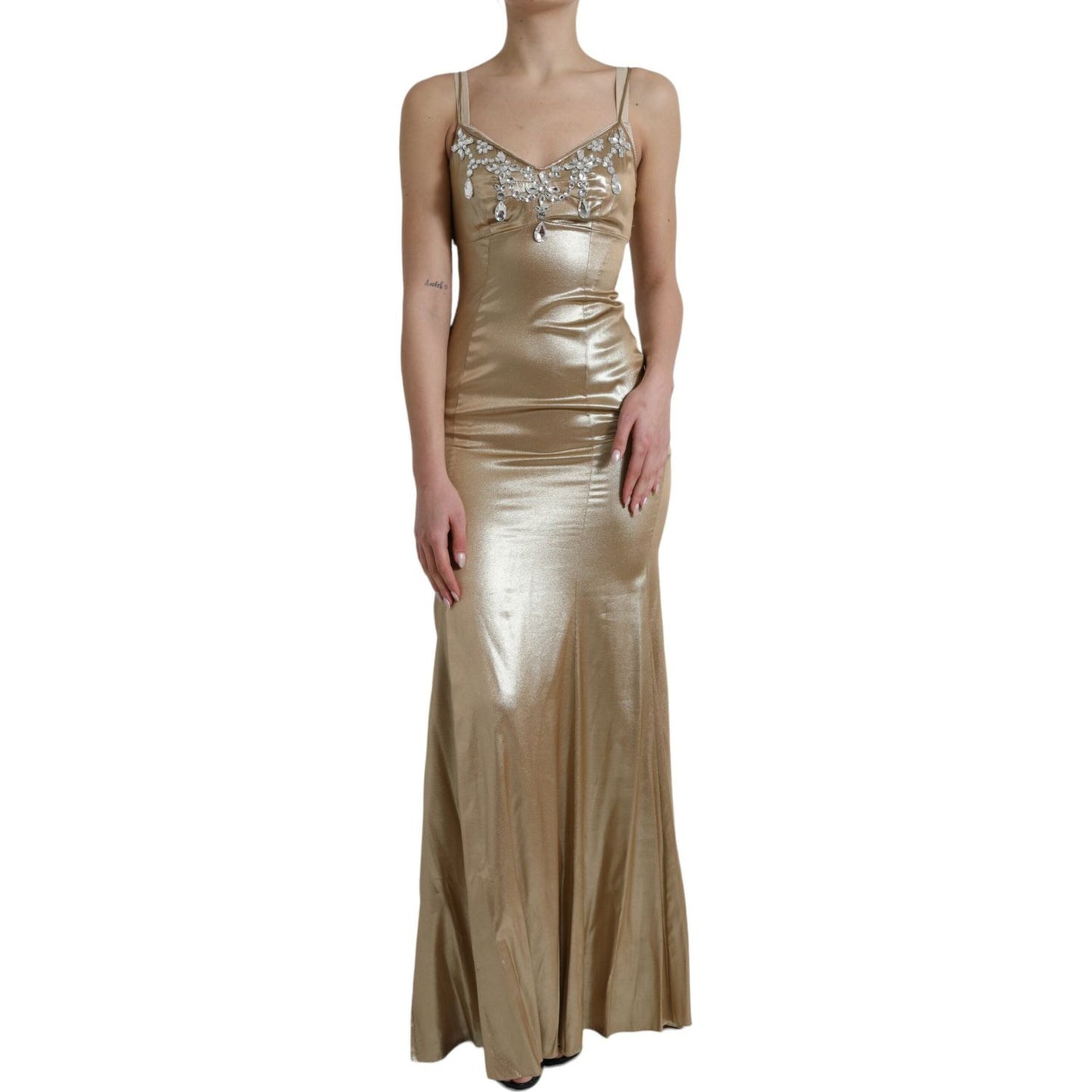 Dolce & Gabbana Elegant Metallic Gold Sheath Dress with Crystals 1728,67345645728,Dolce & Gabbana,Dresses - Women - Clothing,Gold,IT40|S,Material: 85% Silk 10% Crystal 5% Real Brass,New with tags,Women Dolce & Gabbana DR281085-40