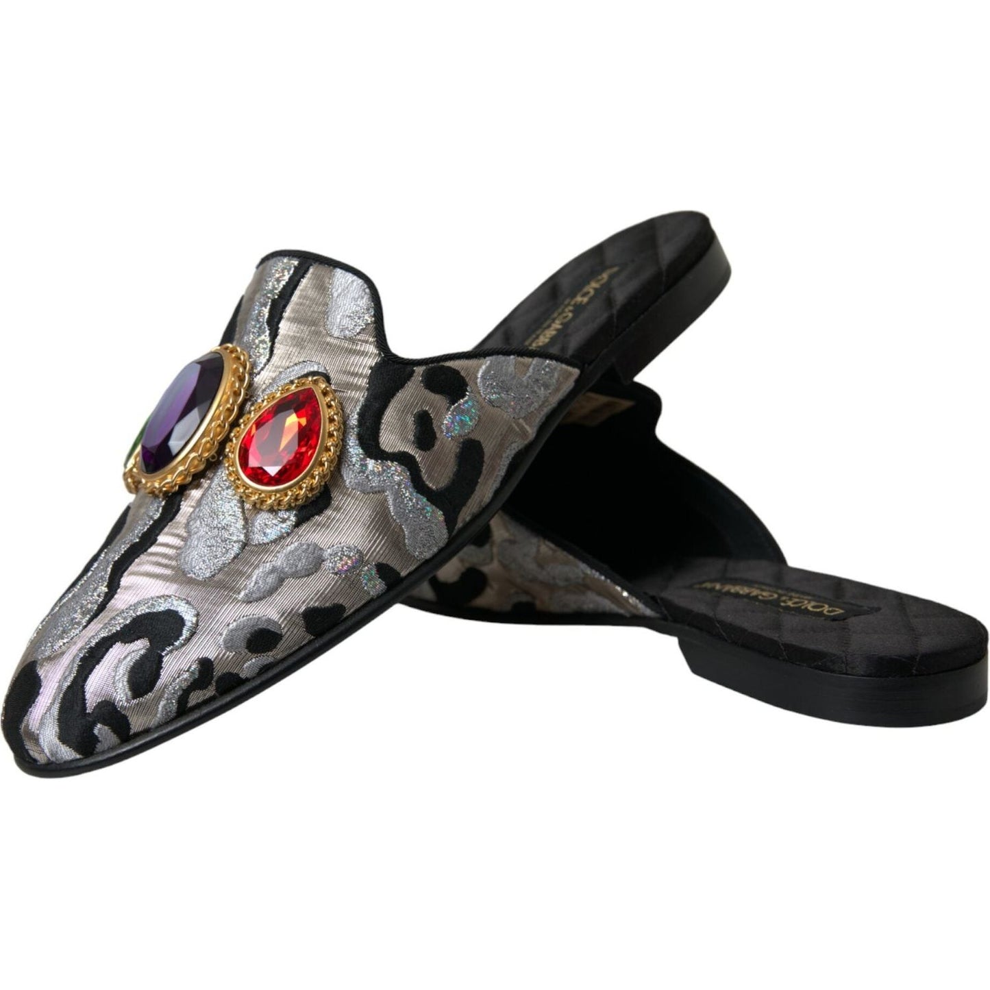 Dolce & Gabbana Gray Jacquard Crystal Mule Flat Sandals Shoes 1728,67345645728,Dolce & Gabbana,EU40/US9.5,Flat Shoes - Women - Shoes,Gray,Material: Leather,New with tags,Women Dolce & Gabbana LA10561-40