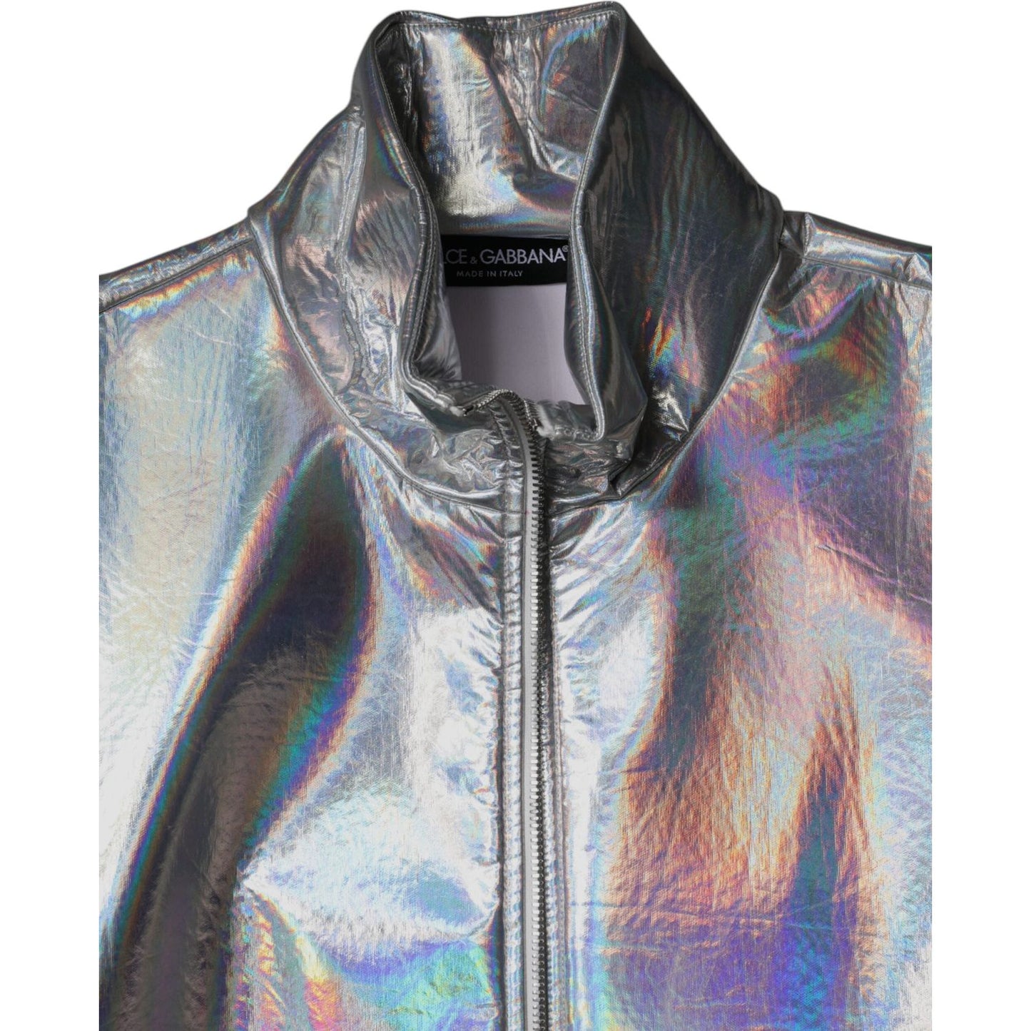 Dolce & Gabbana Silver Iridescent Full Zip Men Bomber Jacket 1728,Dolce & Gabbana,IT50 | L,Jackets - Men - Clothing,Material: 100% Polyester,Men,Preowned / Defect,Silver Dolce & Gabbana JKT3861-50