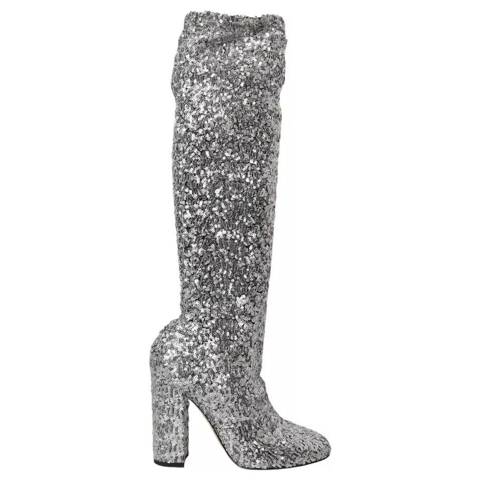 Dolce & Gabbana Silver Sequined High Boots Stretch Shoes 1728,67345645728,7% PA,91% PL,Boots - Women - Shoes,Dolce & Gabbana,EU39/US8.5,Materials: 2% EA,Preowned / Defect,Silver Dolce & Gabbana LA10943-39