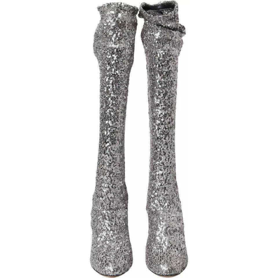 Dolce & Gabbana Silver Sequined High Boots Stretch Shoes 1728,67345645728,7% PA,91% PL,Boots - Women - Shoes,Dolce & Gabbana,EU39/US8.5,Materials: 2% EA,Preowned / Defect,Silver Dolce & Gabbana LA10943-39