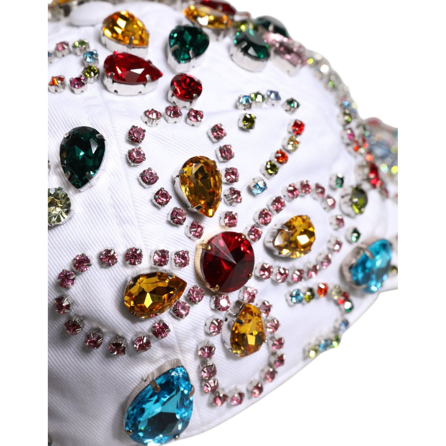 Dolce & Gabbana White Multicolor Crystal Embellish Baseball Cap 1728,58 cm|M,67345645728,Accessories,Dolce & Gabbana,Hats & Caps - Men - Accessories,Material: 99% Cotton 1% Elastane,Men,Men - Accessories,New with tags,White Dolce & Gabbana HAT9700-58