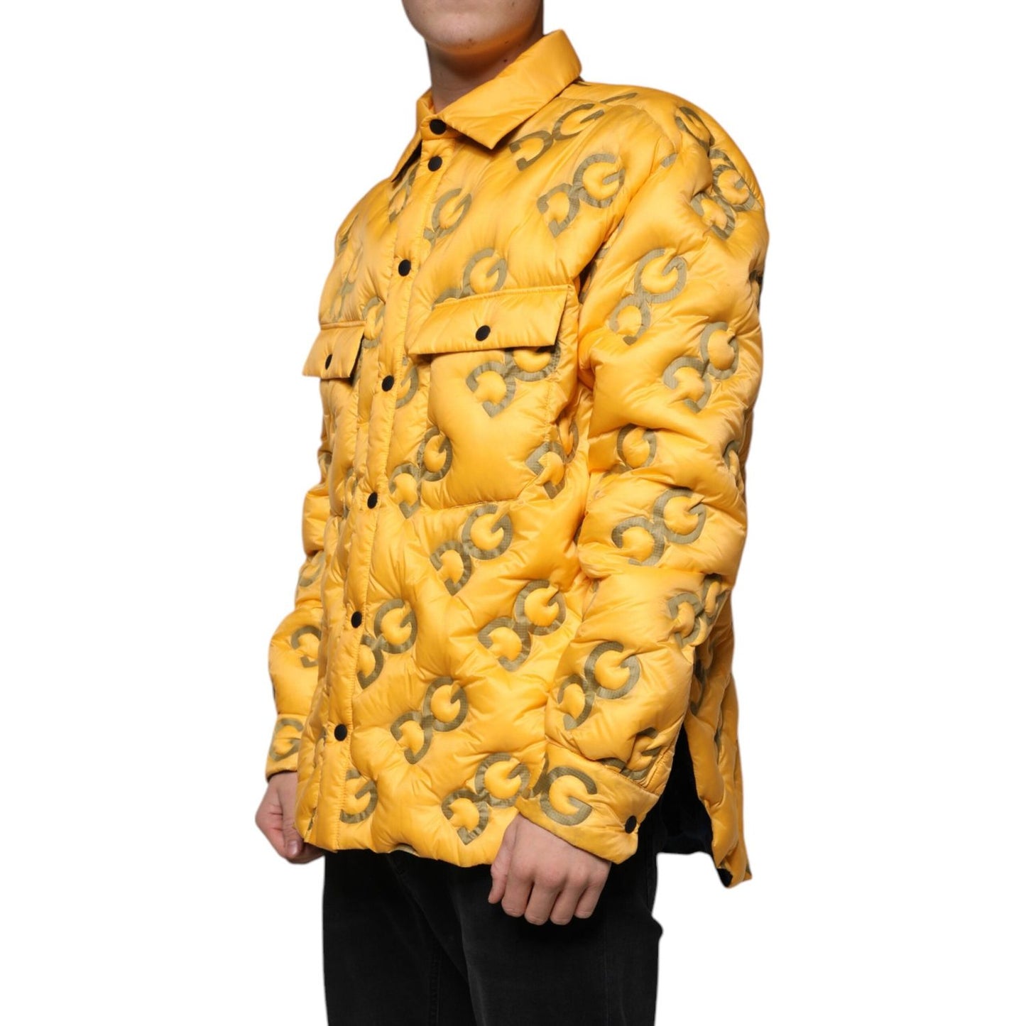 Dolce & Gabbana Yellow Logo Padded Buttoned Blouson Jacket 1728,67345645728,Dolce & Gabbana,IT52 | XL,Jackets - Men - Clothing,Material: 100% Nylon,Men,New with tags,Yellow Dolce & Gabbana JKT41270-52