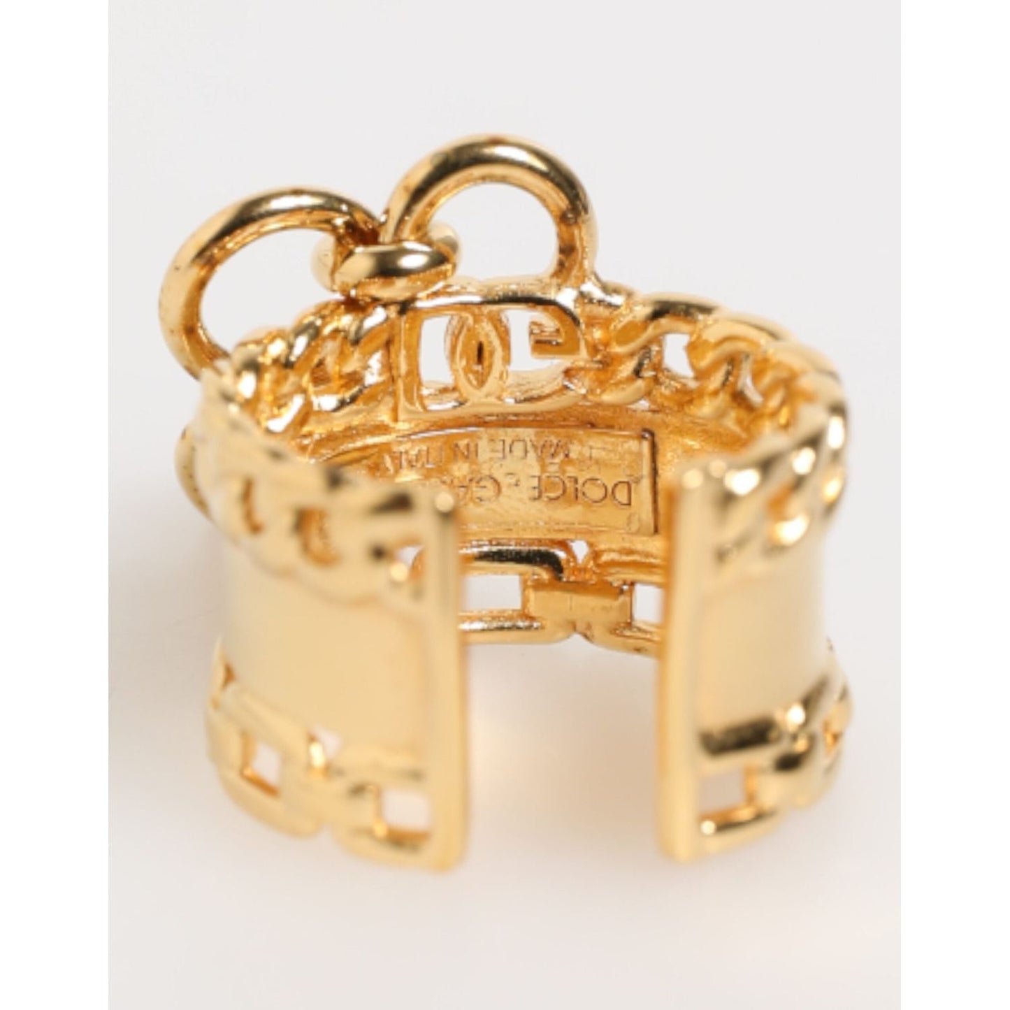 Dolce & Gabbana Gold Tone Brass Logo Chain Clear Crystals Adjustable Ring SMY10756