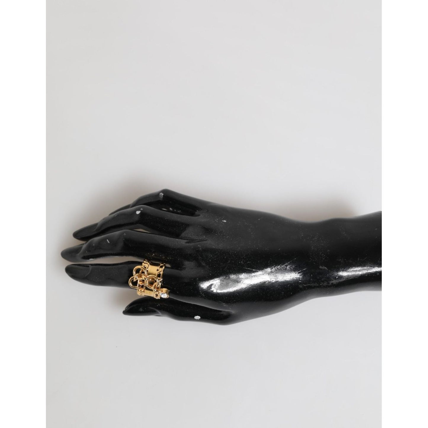 Dolce & Gabbana Gold Tone Brass Logo Chain Clear Crystals Adjustable Ring SMY10756