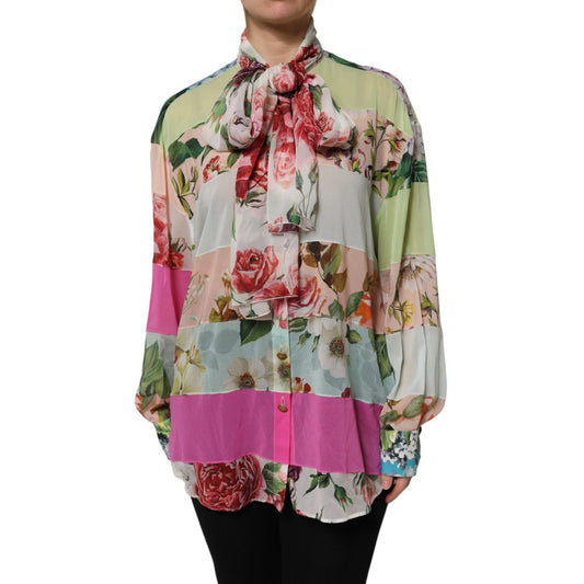 Dolce & Gabbana Multicolor Floral Patchwork Silk Ascot Collar Top