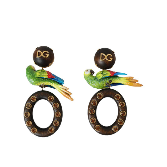 Dolce & Gabbana Multicolor Parrot Wood Brass Crystal Embellished Earrings