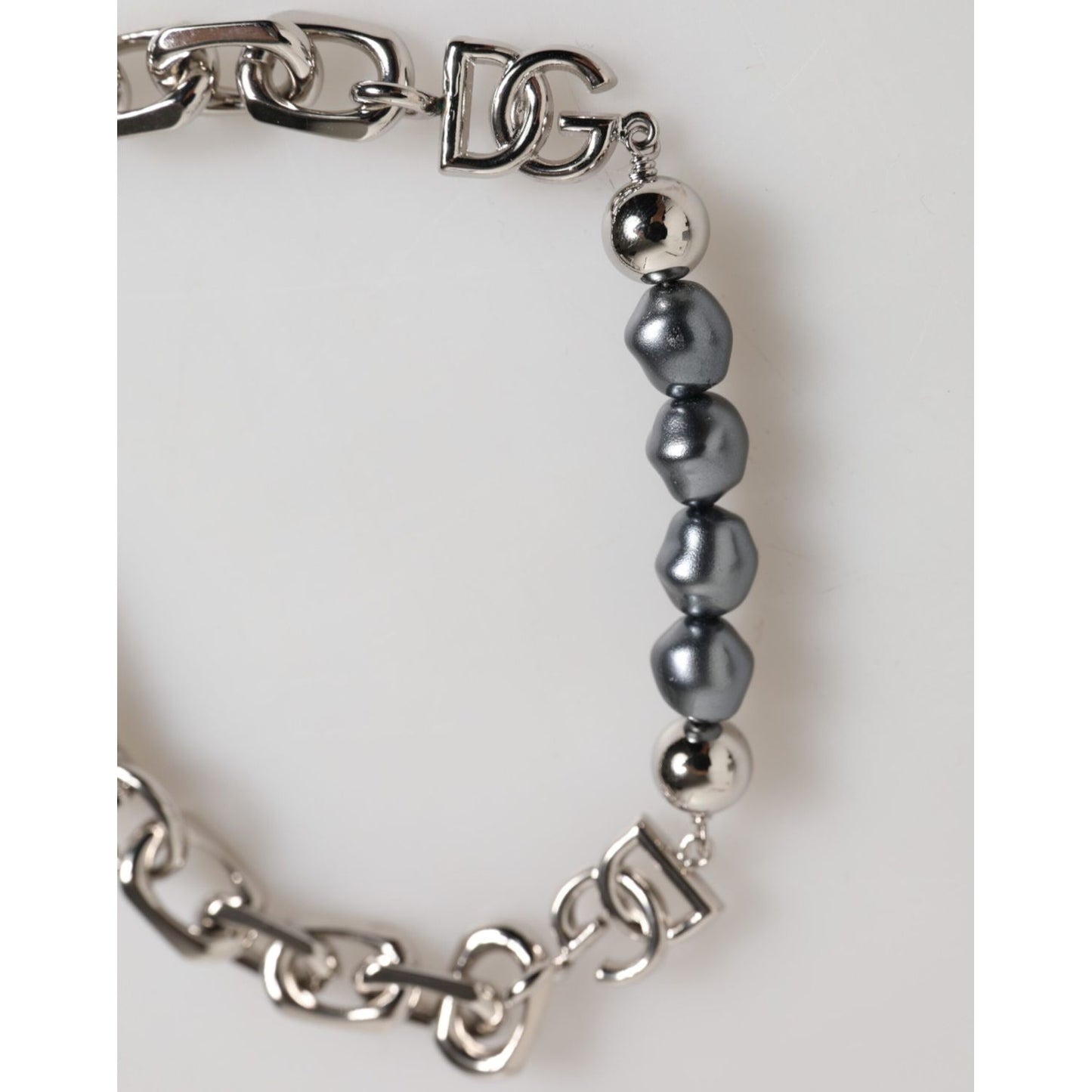 Dolce & Gabbana Silver Tone Chain Lobster Clasp Logo Gray Pearls Bracelet SMY11192