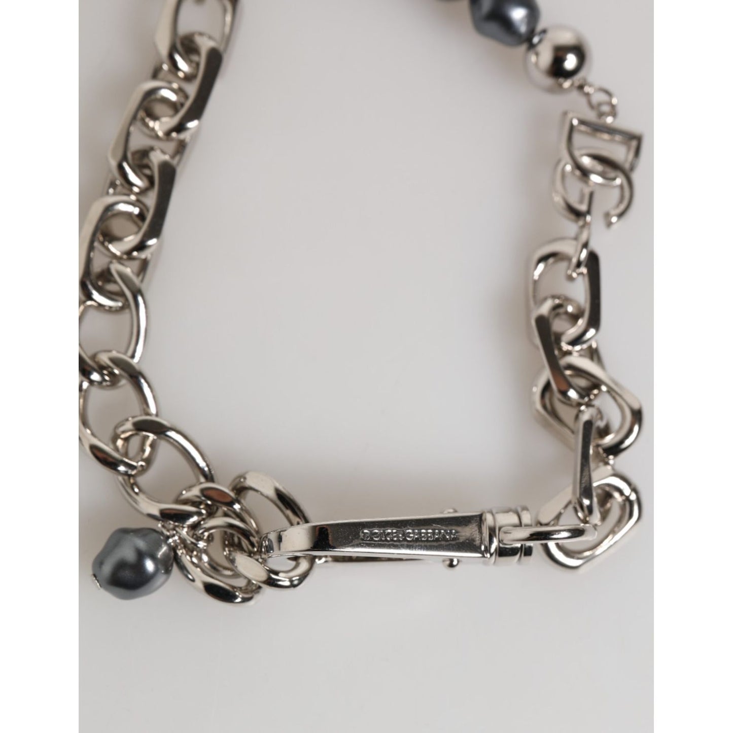 Dolce & Gabbana Silver Tone Chain Lobster Clasp Logo Gray Pearls Bracelet SMY11192