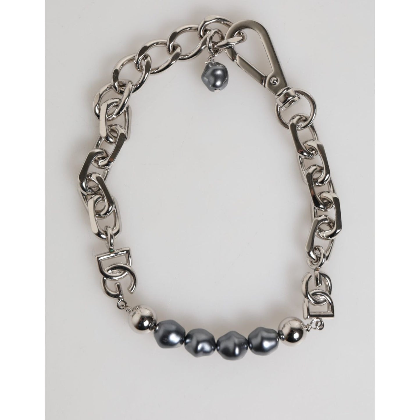 Dolce & Gabbana Silver Tone Chain Lobster Clasp Logo Gray Pearls Bracelet SMY11192