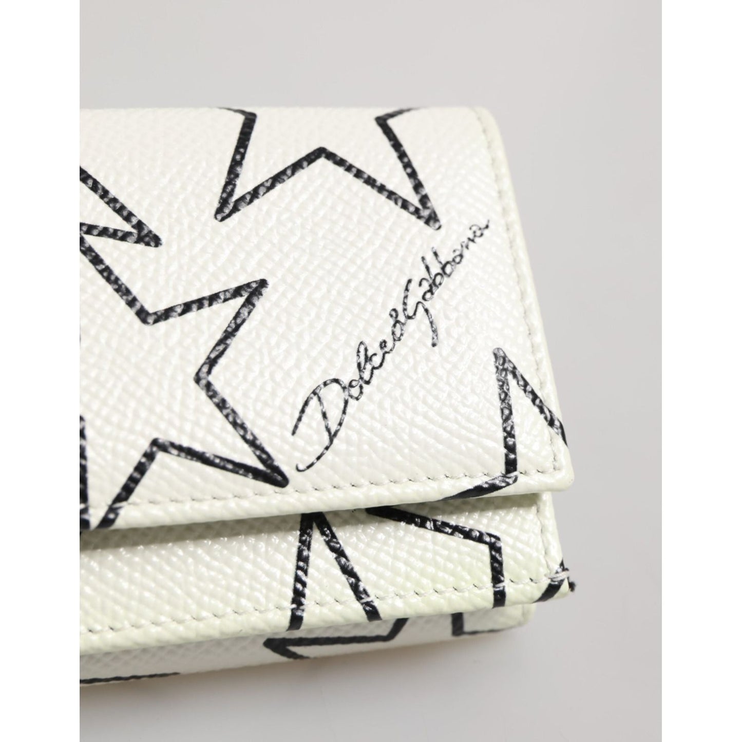Dolce & Gabbana White Leather Trifold DG Star Print Card Holder Wallet SMY11052