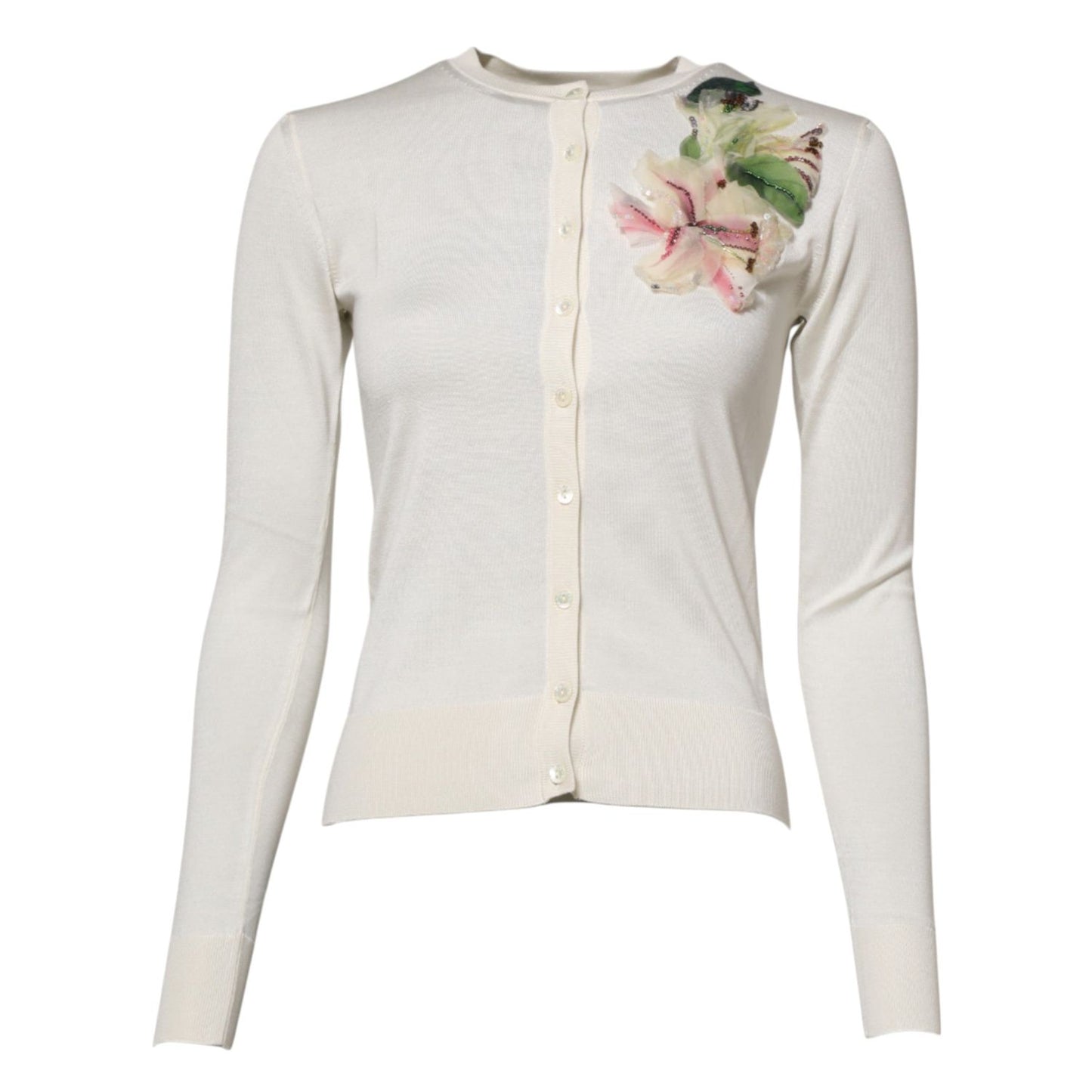 Dolce & Gabbana White Silk Lily Embellished Cardigan Sweater TSH86773-36