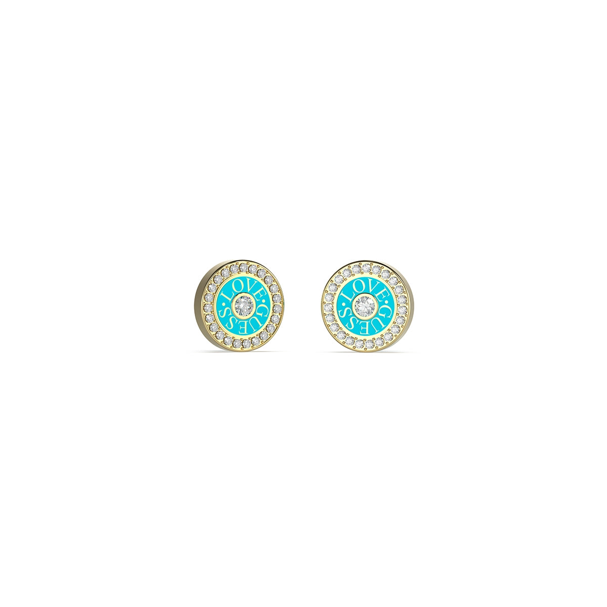 Alt Tag: GUESS JEWELS JEWELRY Mod. JUBE04081JWYGTQT-U earrings with turquoise and gold accents.